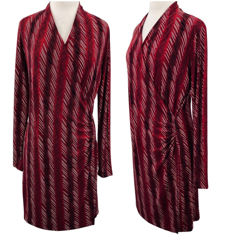 Norma Kamali Faux Wrap Jersey Stretch Knit Dress Knee Length Printed Red Large